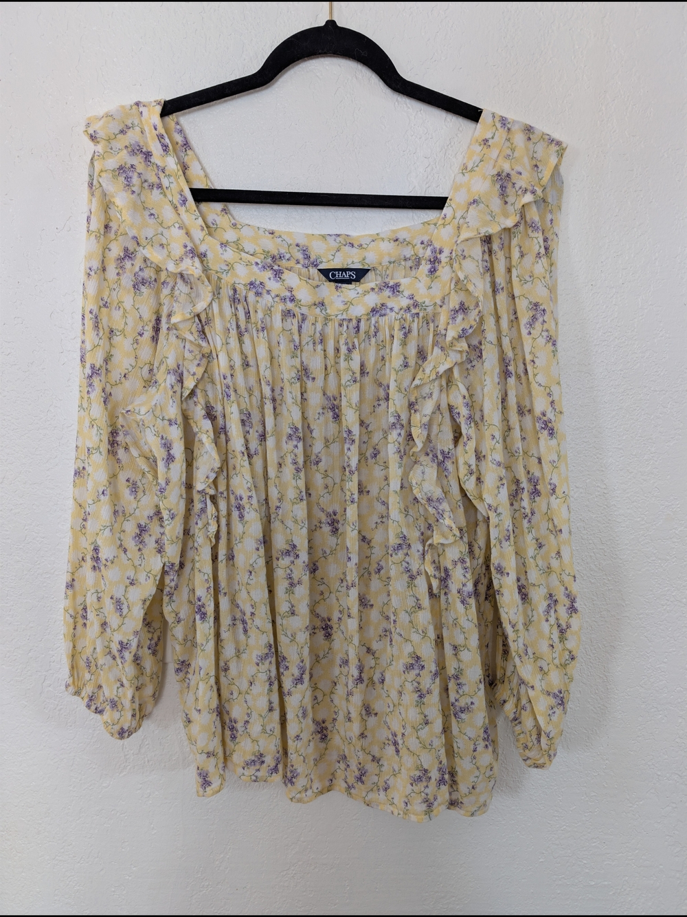Butter Yellow Flowy Floral Blouse Size XL Boho Babydoll Square Neck
